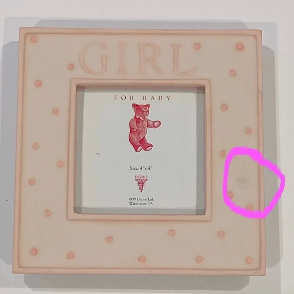 VINTAGE Baby Girl 4x4” Ceramic Photo Picture Frame Nursery Decor Pink White